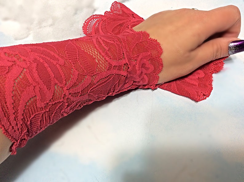 Coral pink lace bracelet, pink tattoo cover, Lace wrist cuff,Lace victorian glove, boho lace bracelet, stretch lace cuff, wrist tattoo cover image 4