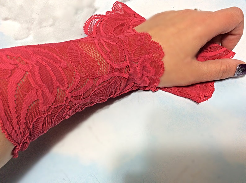 Coral pink lace bracelet, pink tattoo cover, Lace wrist cuff,Lace victorian glove, boho lace bracelet, stretch lace cuff, wrist tattoo cover image 1