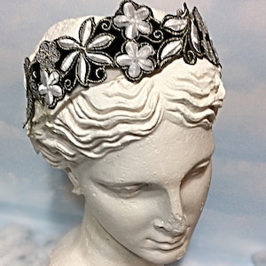 Black Flower Headband: Embroidered White Flowers with Gold