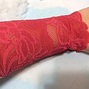 Coral pink lace bracelet, pink tattoo cover, Lace wrist cuff,Lace victorian glove, boho lace bracelet, stretch lace cuff, wrist tattoo cover image 2