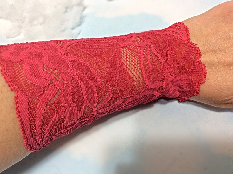 Coral pink lace bracelet, pink tattoo cover, Lace wrist cuff,Lace victorian glove, boho lace bracelet, stretch lace cuff, wrist tattoo cover image 2