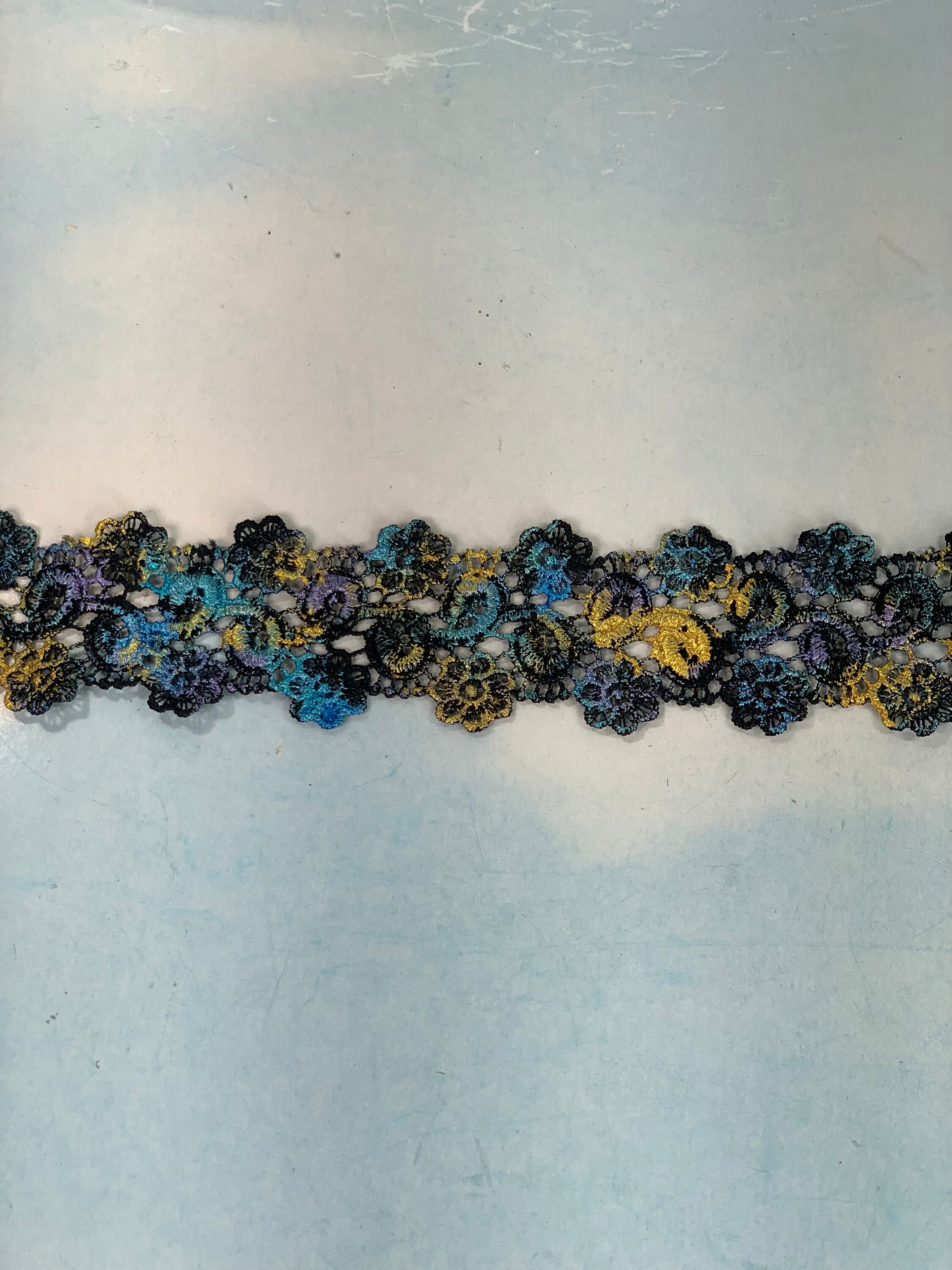 Hand-painted Lace Choker: Peacock Blue, Green & Gold Victorian