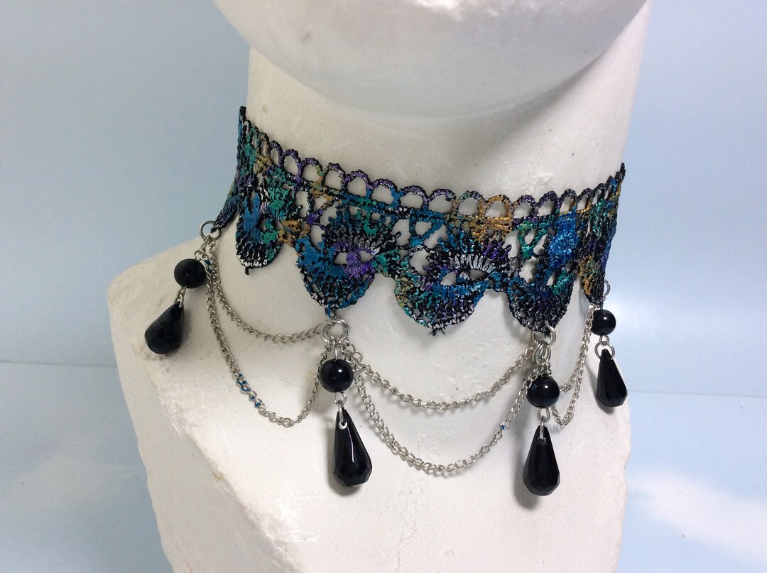 Art Deco Lace Choker: Hand-painted Blue, Gold, & Black Victorian ...