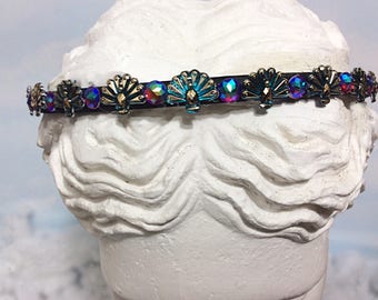 Thin peacock headband, comfortable work headband, peacock crown, peacock hair accessories, flexible headband, soft headband, Art Deco hair