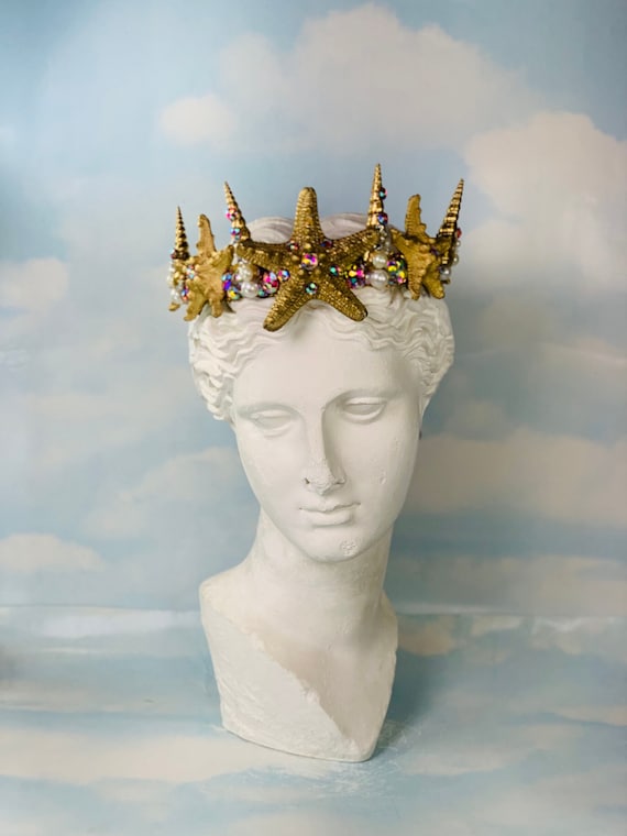 Gold Mermaid Starfish Crown: Rhinestone Seashell Headband - Etsy display picture 1