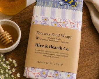 Large Organic Cotton Beeswax Food Wraps | Reusable Cotton Food Storage, Lavender & Honey Collection | (Set of 3)