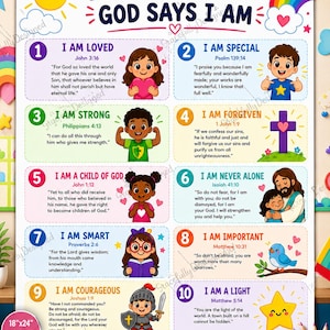 May include: A colorful poster with the text "10 Things God Says I Am" and illustrations of children. The poster includes Bible verses and affirmations such as "I am loved" and "I am special". The poster is 18"x24".