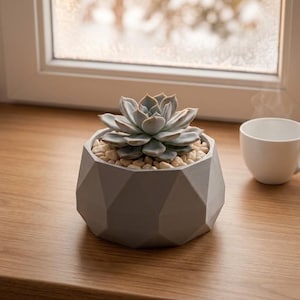 Puede incluir: Una maceta geométrica de color gris claro con una superficie facetada que contiene una planta suculenta verde rodeada de pequeñas piedras de color beige. La maceta tiene una abertura circular ancha y un diseño exterior de múltiples caras.