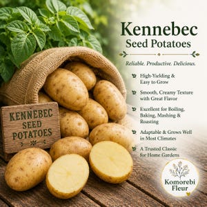 May include: A burlap sack filled with light brown Kennebec seed potatoes, including whole and halved potatoes. A wooden sign reads Kennebec Seed Potatoes. Text lists features: High-Yielding, Easy to Grow, Smooth, Creamy Texture, Great Flavor.
