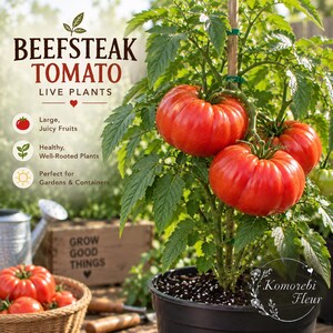 May include: A beefsteak tomato plant in a black pot with large red fruits, green leaves, and a wooden stake. Text reads: BEEFSTEAK TOMATO LIVE PLANTS, Large, Juicy Fruits, Healthy, Well-Rooted Plants, Perfect for Gardens & Containers, Komorebi Fleur.