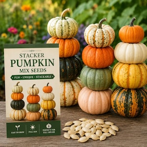 May include: A display of colorful pumpkins stacked in towers, with a seed packet that reads "STACKER PUMPKIN MIX SEEDS." The pumpkins vary in color, including orange, green, white, and yellow. Pumpkin seeds are scattered in the foreground.