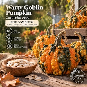 May include: Warty Goblin Pumpkin Cucurbita pepo heirloom seeds in a wooden bowl with several bumpy orange and dark green pumpkins. Text includes Warty Goblin Pumpkin, Cucurbita pepo, HEIRLOOM SEEDS, BUMPY, UNIQUE, FULL OF CHARACTER, Easy to Grow, Great for Fall Decor, Unique Heirloom Variety, and Komorebi Fleur.