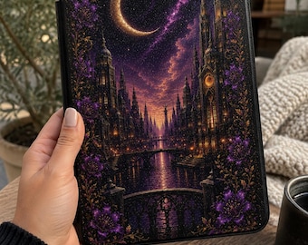 Romantasy Cityscape Kindle Case | Crescent Moon, Purple Night