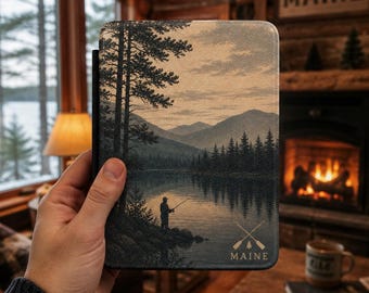 Maine Lakeside Fishing Kindle Case | Mountain Lake Forest Scene