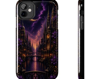 Romantasy Night City Phone Case | Gothic Cathedral, Purple Sky, Crescent Moon