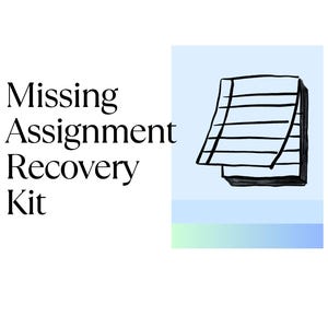 Może przedstawiać: Dokument zatytułowany Missing Assignment Recovery Kit: A Step-by-Step System for Helping Students Catch Up Without the Stress. Zawiera czarno-biały rysunek liniowy stosu papierów na jasnoniebieskim tle, stworzony przez Stacey Reed.