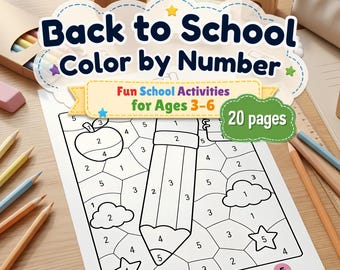 Livre imprimable couleur par numéro pour la rentrée scolaire, activité de mathématiques pour préscolaire, feuille de travail créative pour la maternelle, pages à colorier pour l'école pour les enfants