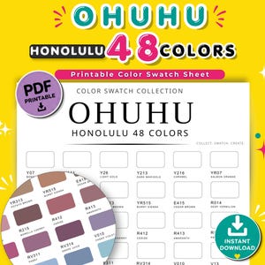 Peut inclure: Une fiche de nuancier imprimable au format PDF pour les 48 couleurs Ohuhu Honolulu. Le document présente une grille de cases rectangulaires vides étiquetées avec des codes et noms de couleurs, avec un encart circulaire montrant des échantillons.
