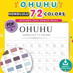 Puede incluir: Una hoja de muestras de color PDF imprimible para 72 colores Ohuhu Honolulu. El documento presenta una cuadrícula de cajas rectangulares vacías etiquetadas con códigos y nombres de color, con un recuadro circular que muestra muestras de color.