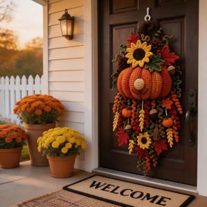 May include: A crochet autumn door swag featuring a large orange pumpkin, yellow sunflowers, red and green maple leaves, small acorns, and dangling curly tendrils. The decorative piece is hung on a dark brown door above a welcome mat.