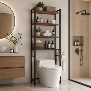 May include: A tall, over-the-toilet storage unit featuring a black metal frame and four wooden shelves. The unit includes a wire basket shelf for organization, providing vertical storage space for bathroom essentials like towels, bottles, and plants.