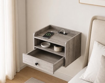 Set of 2 Floating Nightstands, Wall Mounted Bedside Table with Drawer, Shelf, Charging Station