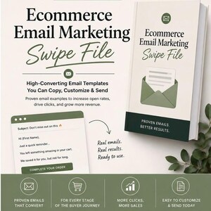 May include: A digital marketing graphic with the title "Ecommerce Email Marketing Swipe File." The design features a book, email examples, and icons. The color scheme includes green, white, and black, with text emphasizing email templates.