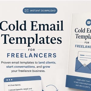 May include: A book and promotional materials titled "Cold Email Templates for Freelancers." The cover features a blue envelope icon. The text promises proven email templates to help land clients and grow a freelance business.