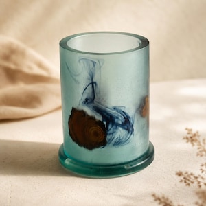 Handmade Wood Resin Pen Holder, Ocean Blue Pencil Pot, Natural Desk Organiser, Unique Office Gift