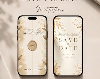 May include: Two smartphones displaying digital wedding save the date invitations with beige watercolor leaf motifs. The left screen shows "With love, from Clara & Eliot" and a wax seal. The right screen shows "David & Juliana" and event details.
