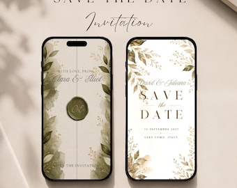 May include: Two smartphones displaying digital save the date invitations with watercolor olive green foliage accents. The screens feature elegant serif typography, names like Clara & Elliot and David & Juliana, and a circular wax seal graphic.