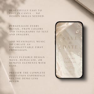 May include: A smartphone displaying a digital Save the Date invitation template with a beige, silk-like background and floral lace accents. The screen shows the text Save the Date, Claire & Thomas, and 21 June 2025, alongside editable design instructions.
