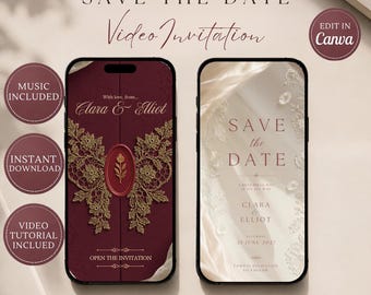 May include: Two smartphones displaying a digital save the date video invitation. The left screen features a deep burgundy background with gold lace accents and a central wax seal. The right screen shows a cream-colored design with floral lace details.