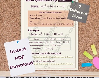 Algebra 1 Solve Quadratic Equations by Factoring Printable Poster in 2 Sizes
