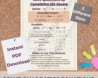 Algebra 1 Solve Quadratic Equations by Completing the Squares Printable Poster in 2 Sizes