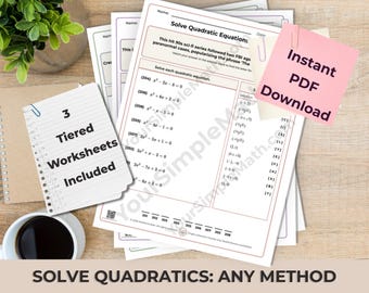 Algebra 1 Solve Quadratic Equations, Any Method:  3 Differentiated Printable Riddle Worksheets