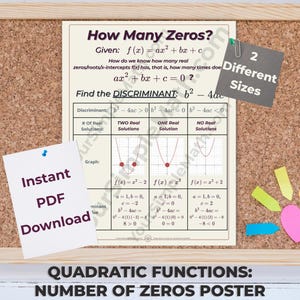 May include: A rectangular educational poster titled How Many Zeros? featuring a mathematical table about quadratic functions, discriminants, and graphs. The poster is displayed on a cork board with two sticky notes labeled 2 Different Sizes and Instant PDF Download, plus colorful page markers.