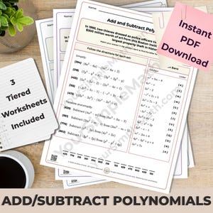 Algebra 1 Add / Subtract Polynomials - 3 Differentiated Printable Riddle Worksheets