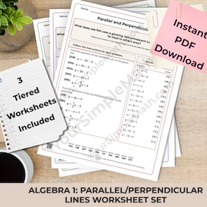 Può includere: Un set di fogli di lavoro di algebra 1 incentrati su linee parallele e perpendicolari. Le pagine presentano equazioni, una banca delle soluzioni e un indovinello. Un post-it rosa riporta Instant PDF Download e uno bianco 3 Tiered Worksheets Included.