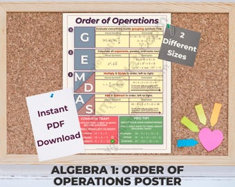 Algebra 1 Order of Operations Gems Pemdas Printable Poster in 2 Sizes