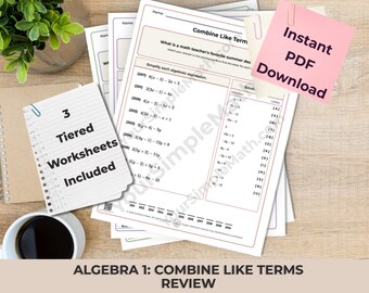 Algebra 1 Review: Combine Like Terms Differentiated Printable Riddle Worksheets