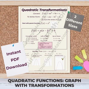 May include: A beige educational poster titled Quadratic Transformations featuring mathematical formulas, graphs, and explanatory text. Two white and gray notes are pinned to the board, stating 2 Different Sizes and Instant PDF Download.