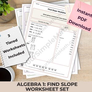 Könnte beinhalten: Ein Set von Algebra 1 Mathe-Arbeitsblättern mit dem Titel Find Slope Worksheet mit Aufgaben zur Steigungsberechnung aus Punkten und Tabellen. Die Seiten enthalten eine Lösungsbank, einen rosa Haftnotizzettel mit Instant PDF Download und einen Hinweis 3 Tiered Worksheets Included.
