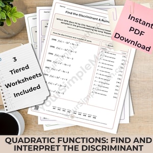May include: A set of printed math worksheets titled Find the Discriminant & Number of Zeros, featuring quadratic function equations and a solution table. A pink sticky note reads Instant PDF Download and a white note says 3 Tiered Worksheets Included.