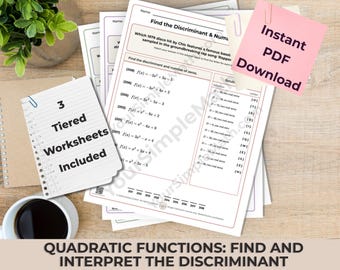Algebra 1 Find Quadratic Function Discriminant and Number of Zeros: 3 Differentiated Printable Riddle Worksheets
