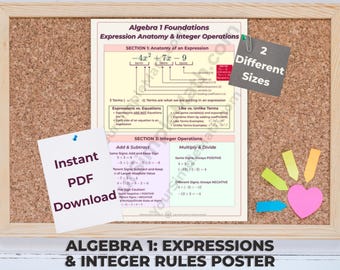 Algebra 1 Anatomy of an Expressions & Integers Rules Printable Poster in 2 Sizes