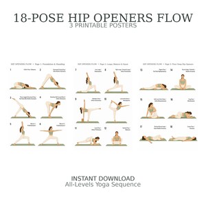 May include: Three printable posters titled 18-POSE HIP OPENERS FLOW, featuring illustrations of yoga poses numbered 1 through 18. Each pose includes the English and Sanskrit names. The bottom text reads INSTANT DOWNLOAD All-Levels Yoga Sequence.