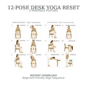 Peut inclure: Un ensemble de deux affiches imprimables de 12 poses de yoga au bureau, illustrant une personne en tenue de sport vert sauge effectuant divers étirements assis et debout sur une chaise, avec des étiquettes de texte pour chaque pose.