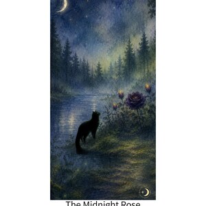 以下が含まれることがあります： 「The Midnight Rose, Scorpio, serenoscape」と題された縦型のポスター。夜の川辺に立つ黒猫が描かれています。三日月、暗い森、そして星空の下で輝く紫色のバラが、深い青色の夜空を背景に表現されています。