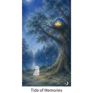 Peut inclure: Une impression verticale intitulée Tide of Memories Cancer par serenoscape représentant un chat blanc regardant un oiseau bleu dans un nid avec des œufs lumineux dans un arbre près d'un lac sous un croissant de lune et un ciel étoilé bleu et vert.